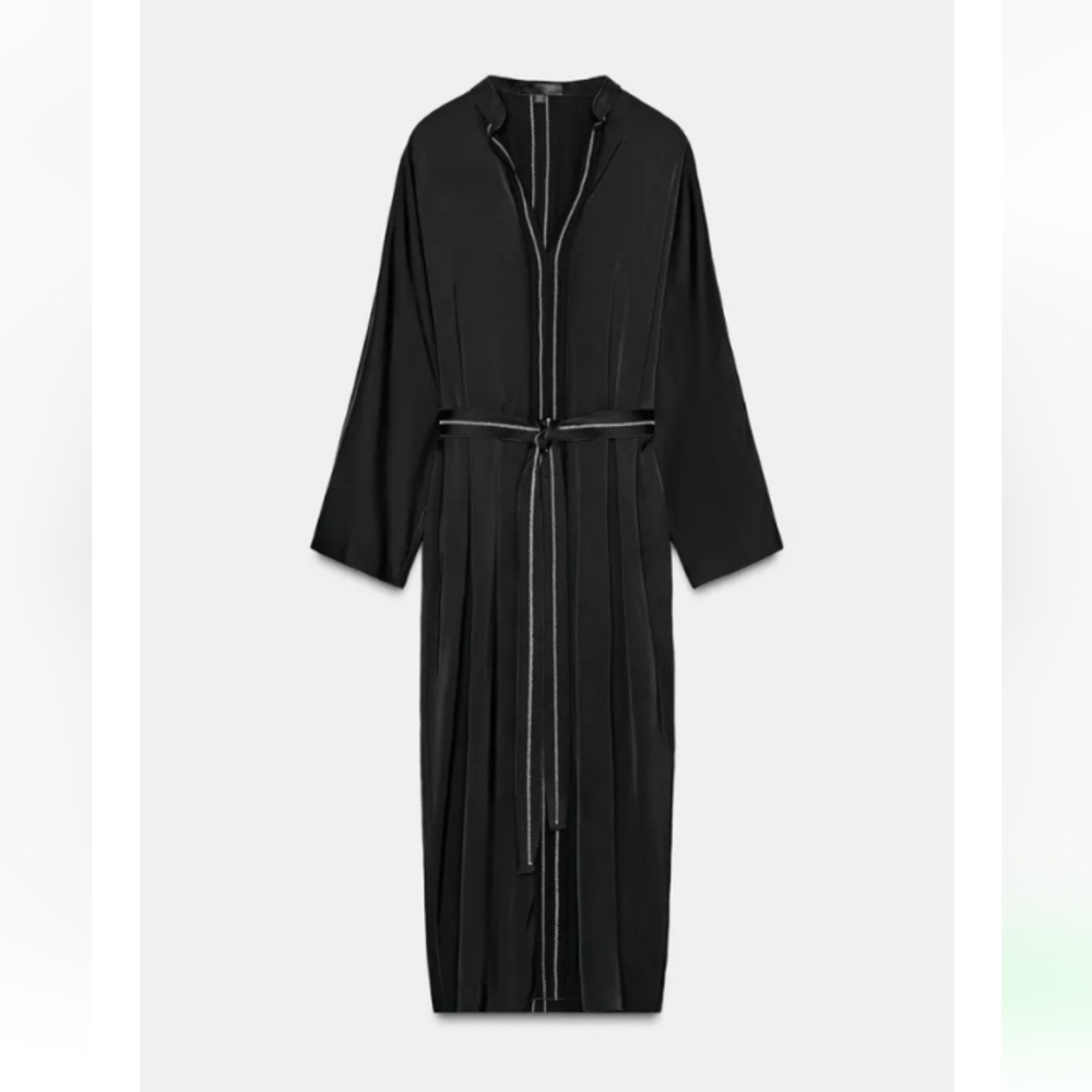 Zara Zw Collec Elegant Black Long Topstiching Tunic Dress Made Of Heavy Satin-M
